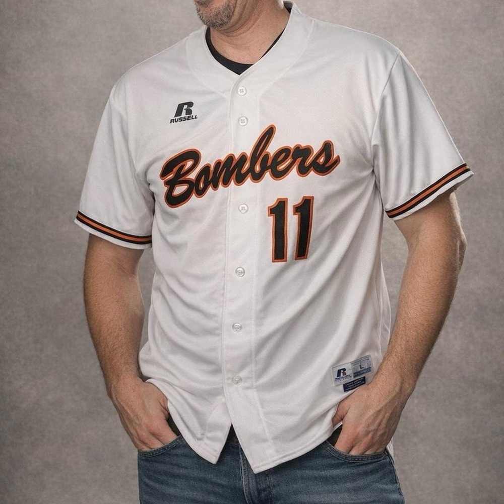Russell Athletic White Bomber Jersey with Black and Orange Accents​